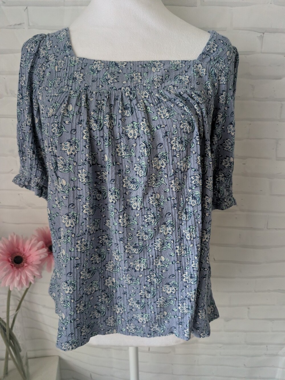 Lucky Brand Blue Floral Square-Neck Blouse Size xs